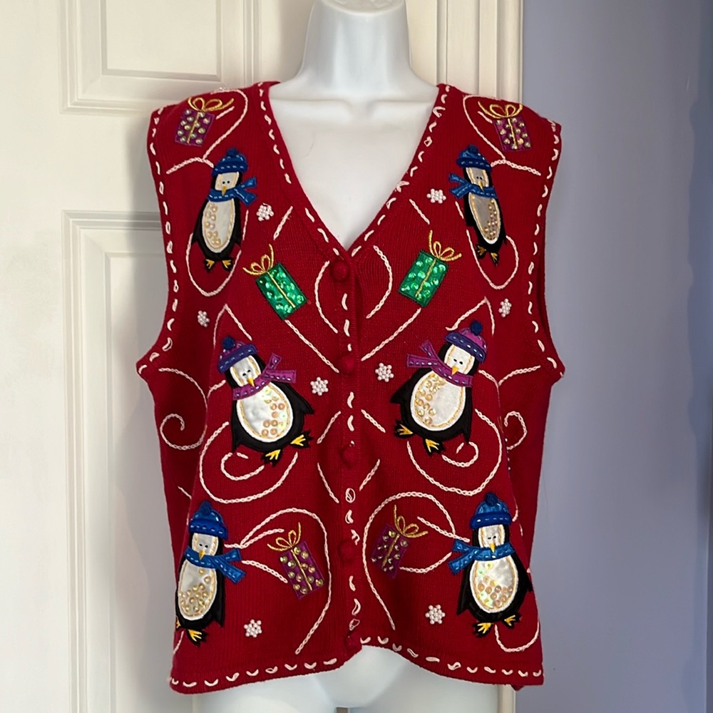 Vintage Bobbi Brooks Sequined Penguins Ugly Christmas Sweater Vest Size Med